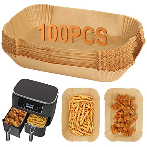 BYKITCHEN 100pcs Air Fryer Liners for Ninja Dual, Air Fryer AF300UK AF400UK Accessories, Disposable Parchment Paper Liner, Compatible with Ninja, Salter, Tower and Other Dual Zone Air Fryer