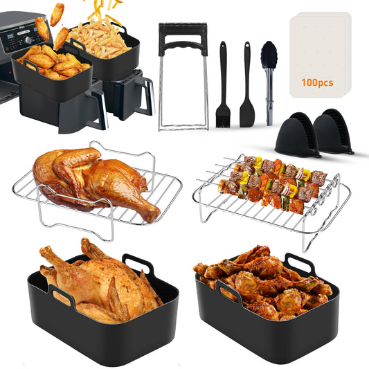 Air Fryer Accessories Set of 12 Pcs for Ninja Dual Air Fryer AF300UK AF400UK AF451UK Tower T17088 Other 7.6L-9.5L Dual Air Fryers, Silicone Liners, Racks & Gloves, Tongs & Brush, Clip & Paper Lining